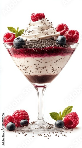 Raspberry and blueberry dessert with cream, chia seeds, and mint garnish in a glass bowl