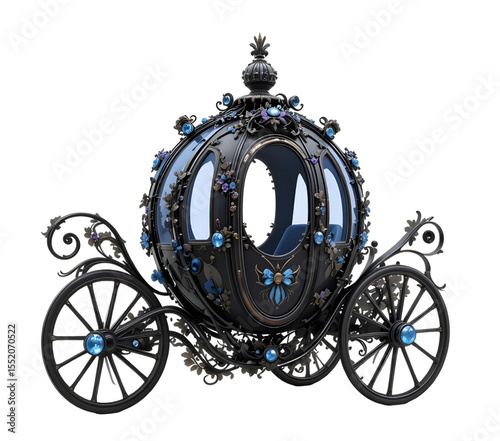 Black, Ornate Pumpkin-Shaped Carriage With Blue Jewels And Floral Decorations. Lt Has Elegant, Swirled Wheels, Creating Magical, Fairy-Tale Ambiance..eps