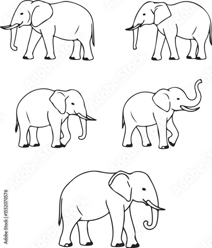 Elephant Line Art: Five Detailed Drawings of African Elephants in Various Poses – Perfect for Illustrations, Prints, and Designs