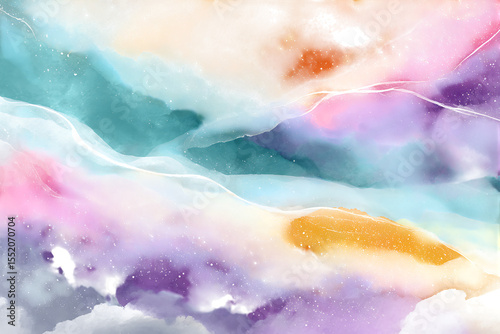 Abstract pastel watercolor landscape with clouds and sky