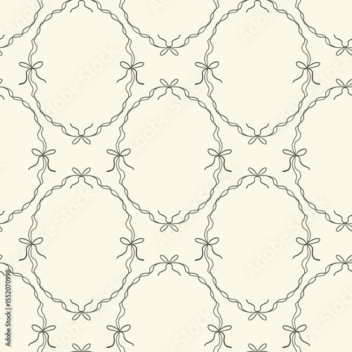 Cute seamless pattern with doodle hand drawn coquette ribbon frames with bows. Vintage whimsical borders. Preppy background for fabric, prints, wallpaper or wrapping paper.