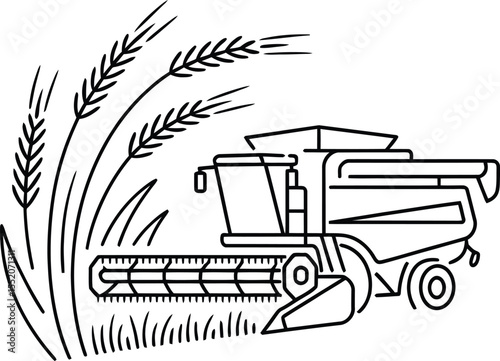 Combine Harvester in Wheat Field – Black and White Line Art Illustration