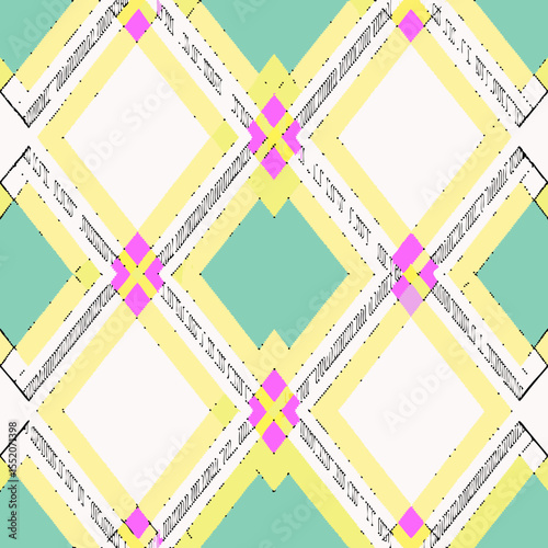 Bright and colorful argyle pattern with accents in pink and green for lively textiles and decor