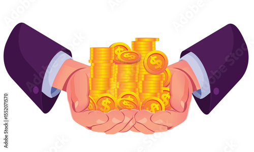 Hands holding gold coins, Closeup of a hand holding a shiny golden coins symbolizing wealth and prosperity