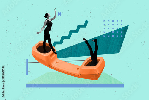 Composite trendy magazine photo collage of minded girl guy telephone handset telemarketing call center legs peek receiver