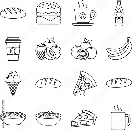 Delicious Food Icons A Collection of Line Drawings Featuring Burgers, Coffee, Pizza, and More