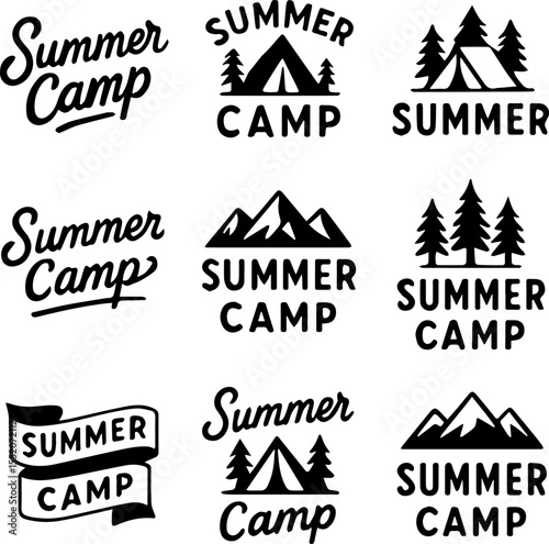 Summer Camp Logos Mountain, Tent, & Tree Designs