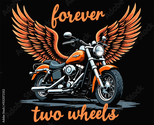 Vector t-shirt design with biker motorcycle, wings
on black background.
Fashionable print for fabric, paper, men clothing,
hoodie, biker jacket. T shirt template with lettering
Forever two wheels.