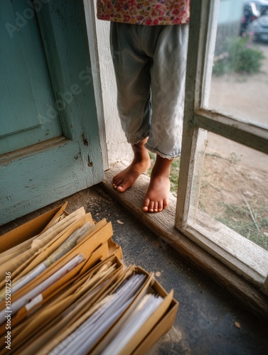 Child standing barefoot near open door with files and papers on floor, warm natural light, cozy rustic interior