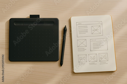 Graphic tablet and stylus with website wireframe sketches on notebook on wooden desk in sunlight