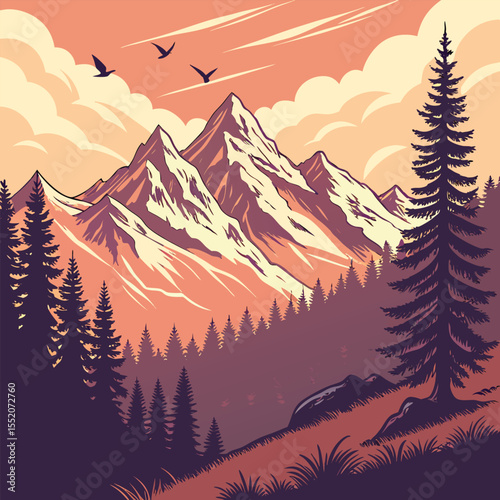 Intricate Detailed Vibrant Atmospheric Mountain Landscape Illustration