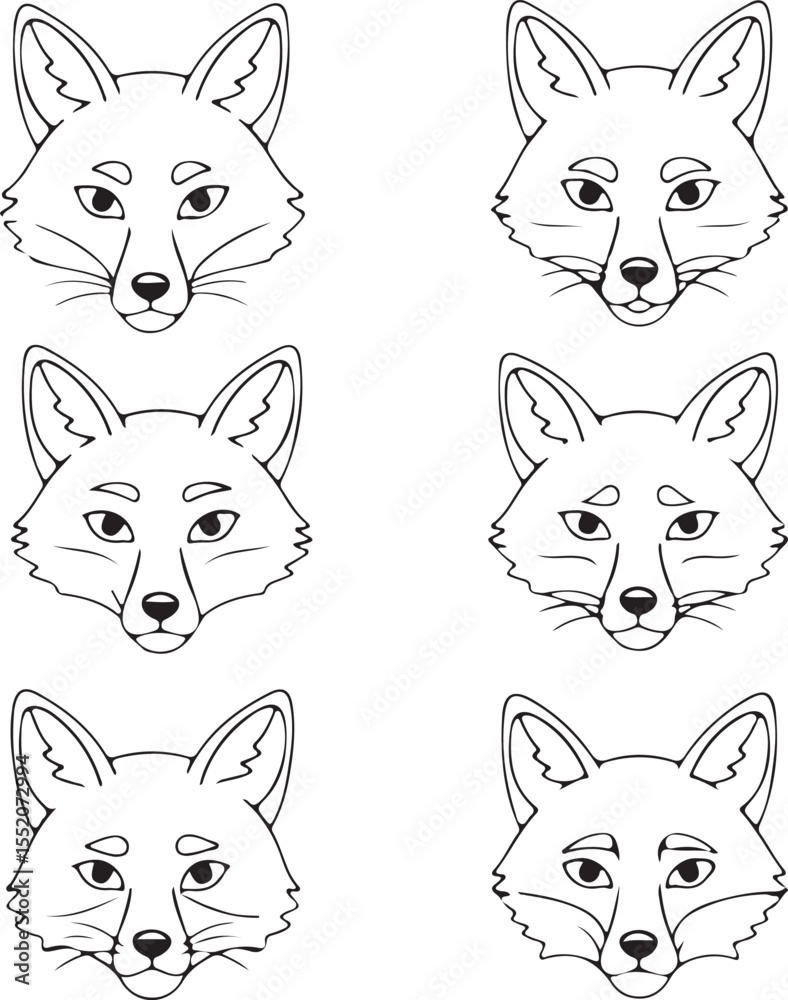 Fototapeta premium Six Elegant Fox Head Illustrations: Line Art Prints