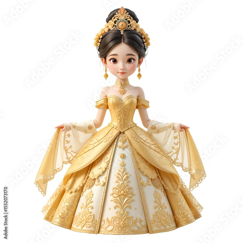 Princess with a gold, embroidered gown and ornate headpiece, stands gracefully against a white background, exuding elegance.eps