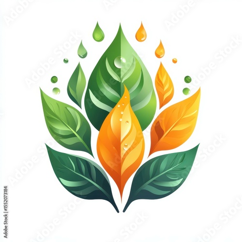 Colorful illustration of leaves and droplets showcasing nature's beauty and vitality in a vibrant design