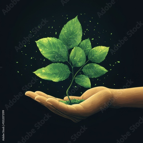 Hand holding a young plant symbolizing growth and environmental care in a dark setting