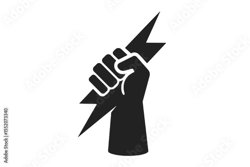 Powerful fist holding lightning bolt icon, symbolizing energy, revolution, electricity, and strength.