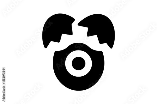 Minimalist icon of a cracked egg hatching with a central circle, representing birth or emergence.
