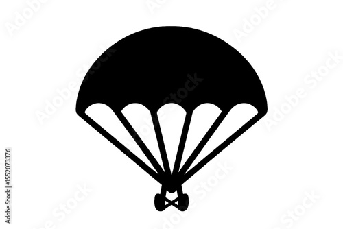 Parachute icon with figure attached below, representing skydiving, extreme sports or safe descent.