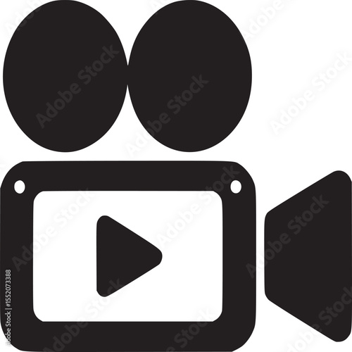 Illustration of a vintage movie camera with two reels and a play button in black and white