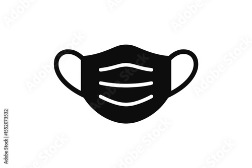 Simple black medical mask icon with elastic ear loops, symbolizing health, safety and protection.
