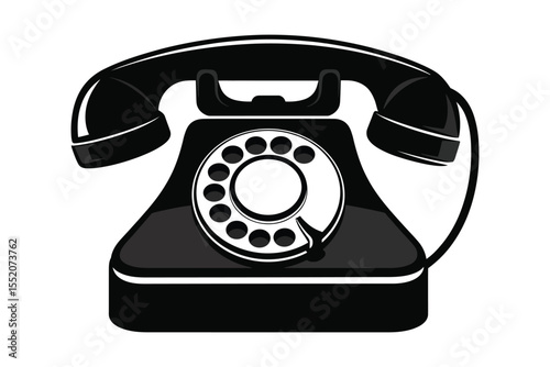 A black and white silhouette illustration of a vintage rotary telephone.