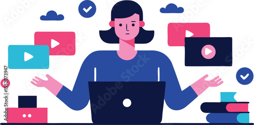 Woman multitasking with laptop and video content management