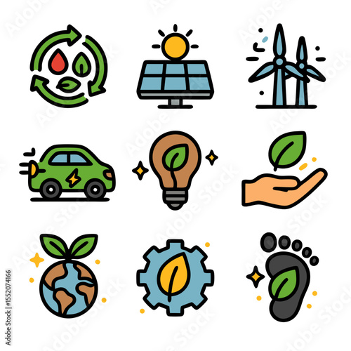 Renewable energy icons for ecofriendly concepts, perfect for sustainability presentations and green awareness campaigns. Suitable for environmentalthemed projects.