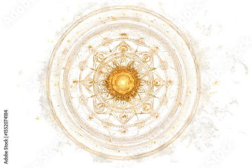 Golden mandala with glowing center, abstract art