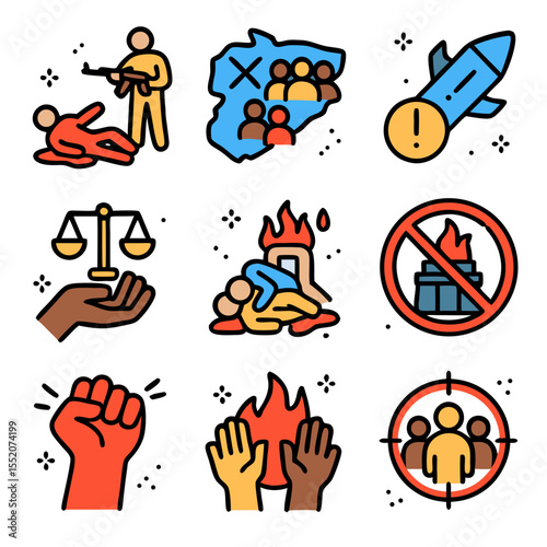 Genocide icon set symbolizes war, violence, protest, and justice. Suitable for educational resources, social media graphics, and historical presentations.
