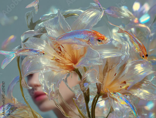 Floral Reverie, fish swim in front of the girl's face and the thickets of flowers