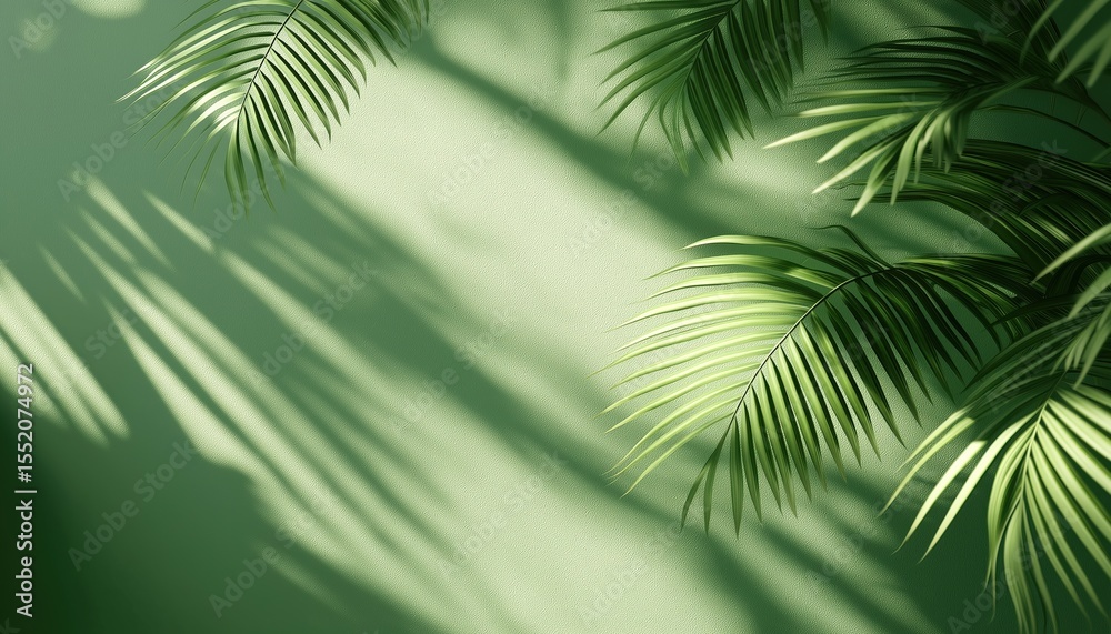 Obraz premium Stylish Olive Palm Leaf Shadow On A Green Wall: Trendy Lay With Sunlight Filtering Through, Creating A Fashionable And Modern Look