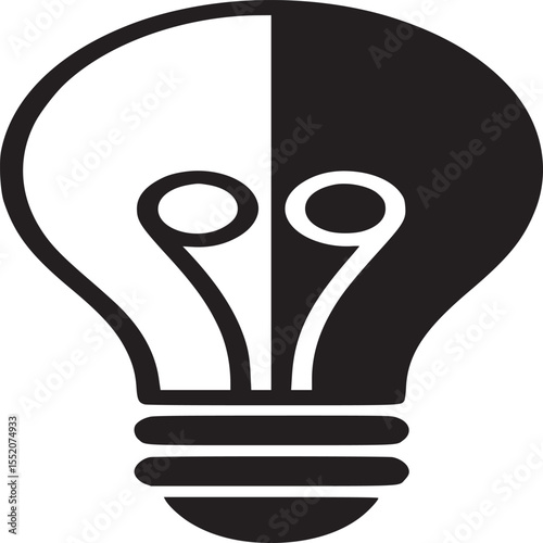 A graphic illustration of a lightbulb split in half with white and black on white background