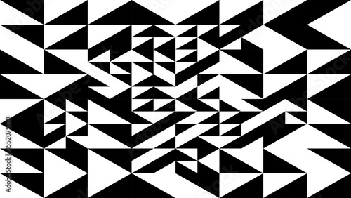 A dynamic abstract pattern of black and white triangles, creating a visually striking geometric design.