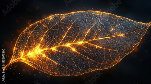 Glowing leaf with illuminated veins and intricate details against dark background