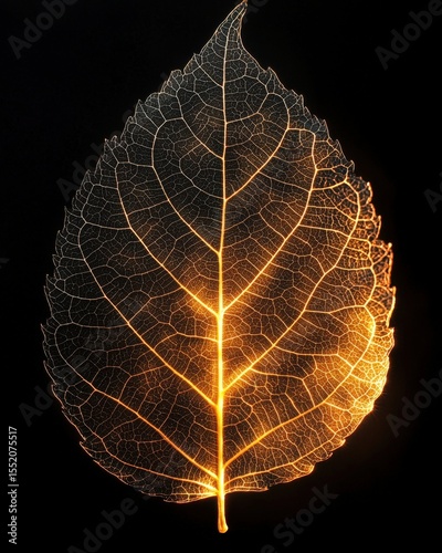 Illuminated delicate leaf skeleton showcasing intricate vein structure against black background