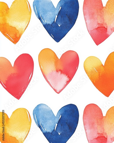 Watercolor hearts in vibrant shades on white background