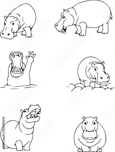 Hippopotamus Line Art: Nine Unique Poses for Coloring Pages, Illustrations, and Designs