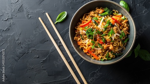 Noodle Dish with Chopsticks on Dark Background