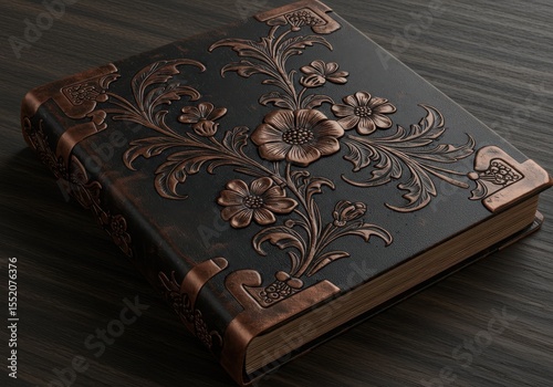 Ornate book with floral design and metal corner protectors