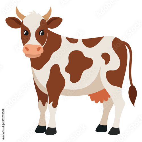 Cute cartoon cow with spots . Color domestic farm animal in playful style. Suitable for children's books, sticker, mascot,fairy tales, logo. Isolated vector illustration on white background
