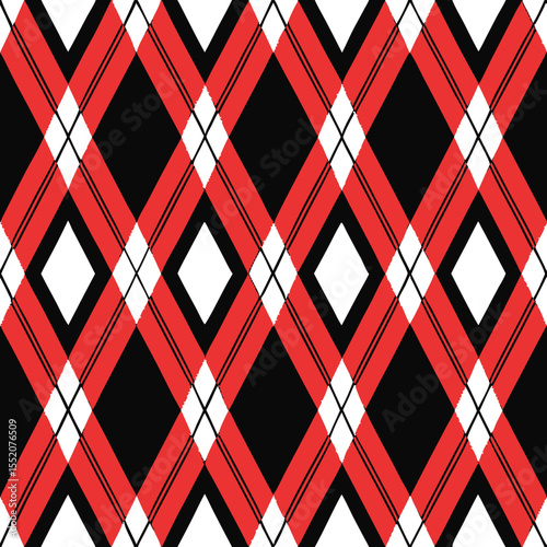 Classic argyle pattern in red, black, and white for stylish textiles and backgrounds