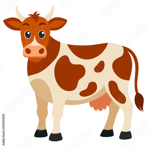 Cute cartoon cow with spots . Color domestic farm animal in playful style. Suitable for children's books, sticker, mascot,fairy tales, logo. Isolated vector illustration on white background