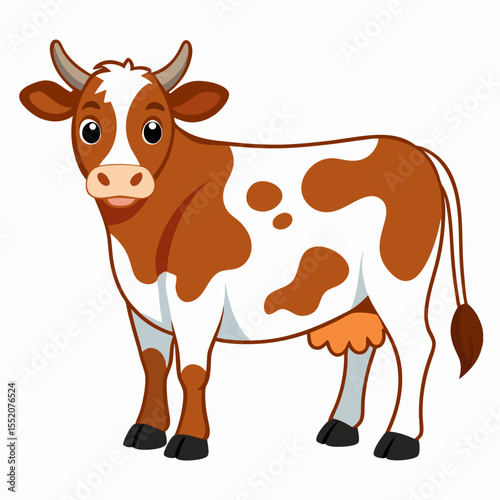 Cute cartoon cow with spots . Color domestic farm animal in playful style. Suitable for children's books, sticker, mascot,fairy tales, logo. Isolated vector illustration on white background