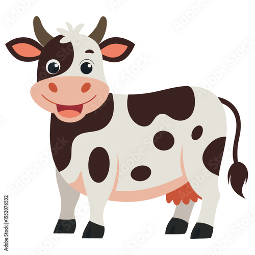 Cute cartoon cow with spots . Color domestic farm animal in playful style. Suitable for children's books, sticker, mascot,fairy tales, logo. Isolated vector illustration on white background
