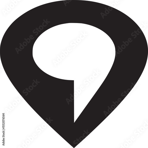 A minimalist black map pin icon with a speech bubble shape on a white background design icon