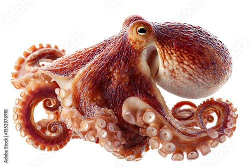 Close up of a vibrant red octopus with detailed tentacles.