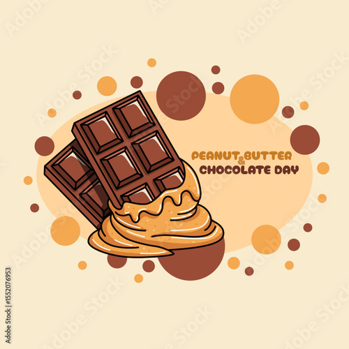 Peanut Butter and Chocolate Day to celebrate on July 23rd. Two chocolate bars dipped in peanut butter. Dessert event banner.