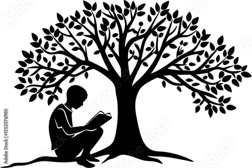 Person Reading Under Tree Silhouette – Black Vector Illustration Isolated on White Background


