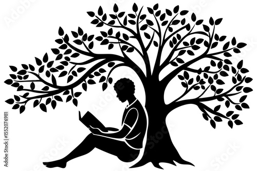 Person Reading Under Tree Silhouette – Black Vector Illustration Isolated on White Background

