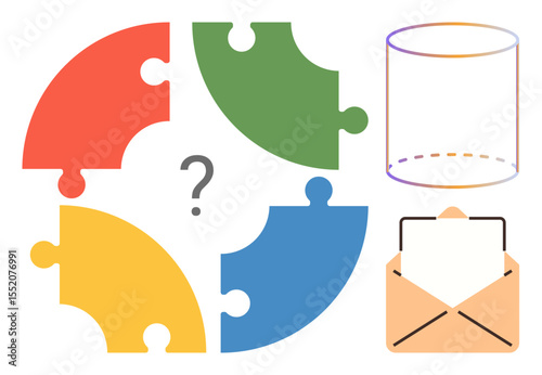 Four-color segmented circle puzzle with missing piece and question mark, transparent 3D cylinder, and paper envelope. Ideal for problem-solving, communication, innovation, teamwork, analysis, design